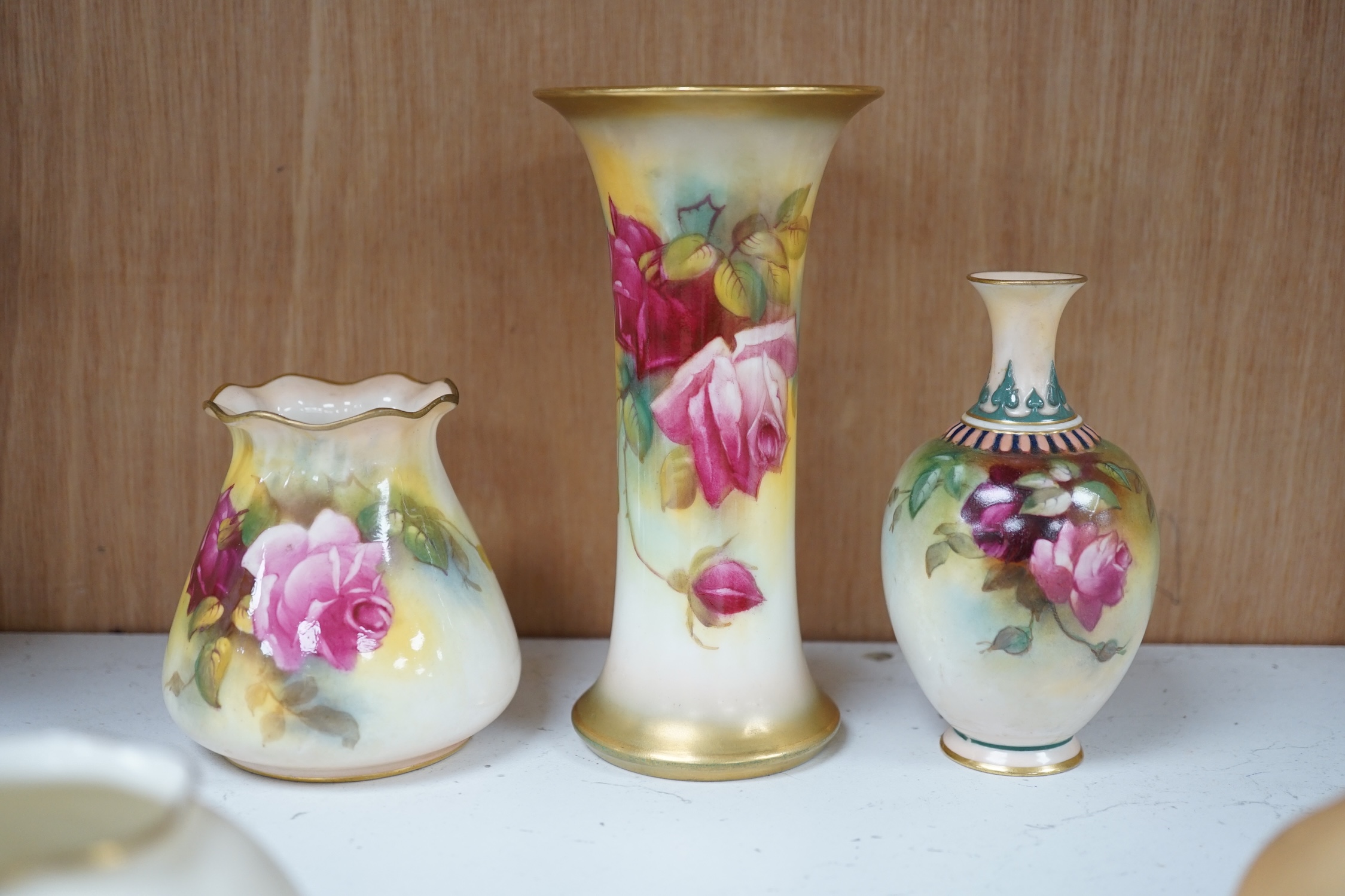 Six Royal Worcester vases, shape numbers 161, 265, 286, 957 and 923. Condition - good